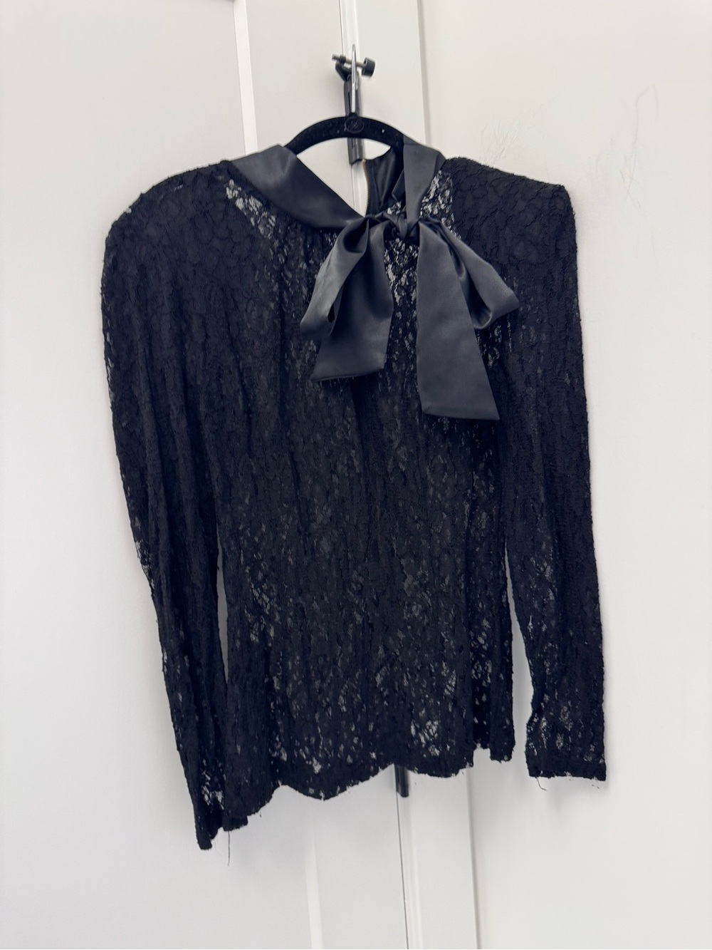 H&M Black Lace Long-Sleeve Top with Satin Neck Tie